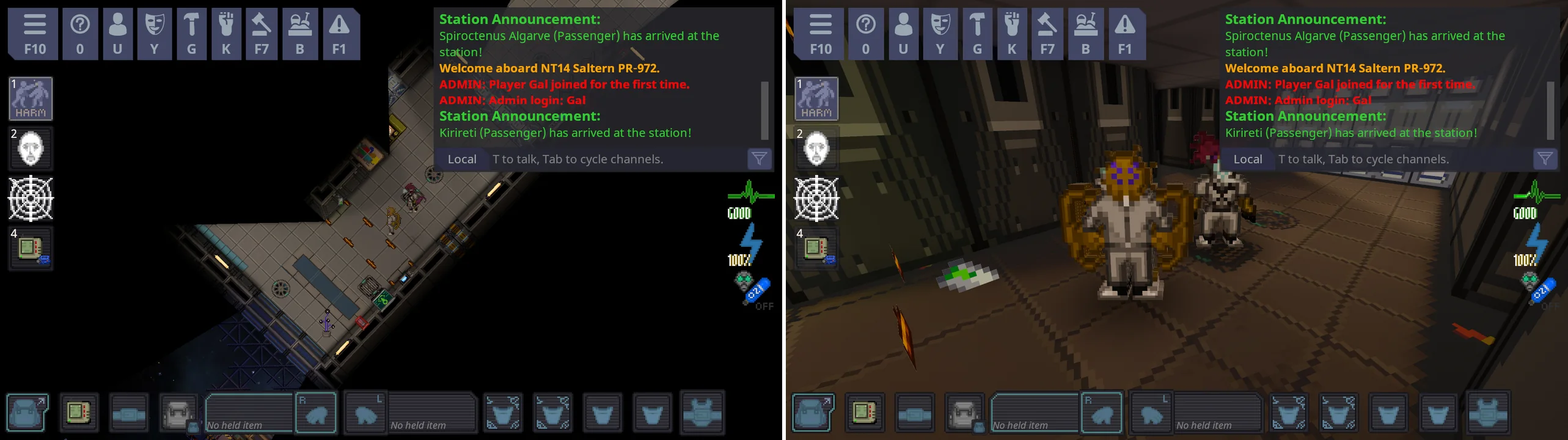 Left: the normal top-down 2D view of a station corridor. Right: the same moment in 3D.