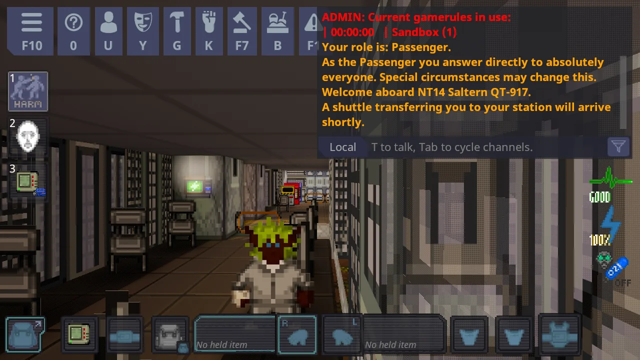 A green-haired character walking down a corridor with chairs and a wall console