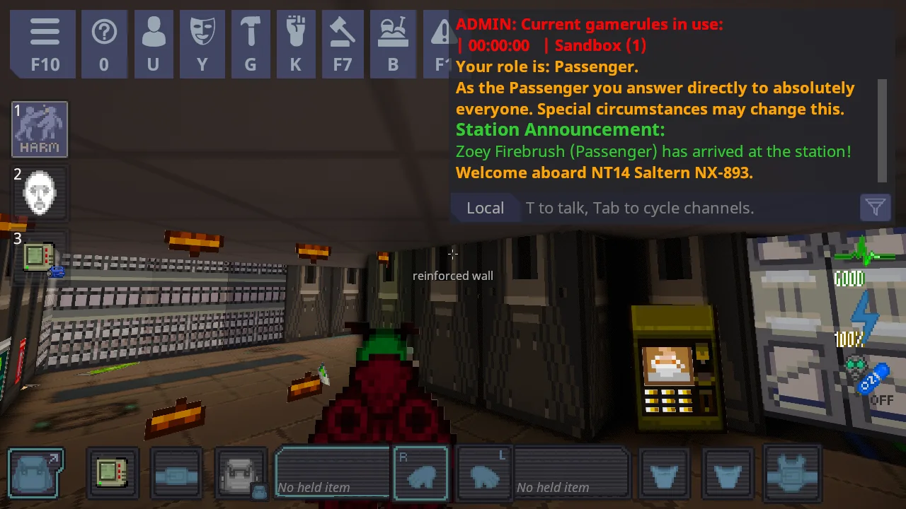 First-person view down a station corridor in 3D, with a coffee machine and reinforced walls.