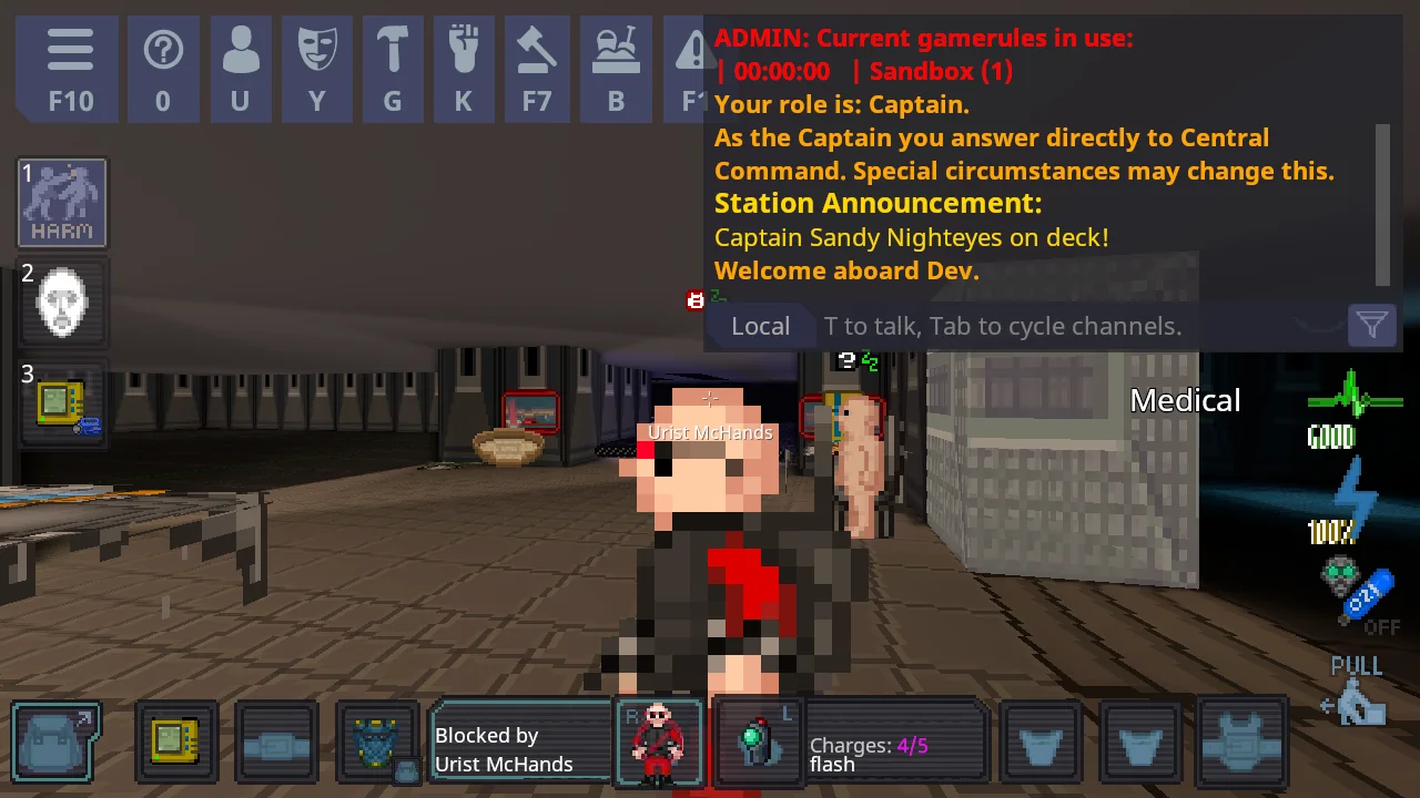 A character being cuffed in front of the camera, with the flash charges shown in the left hand